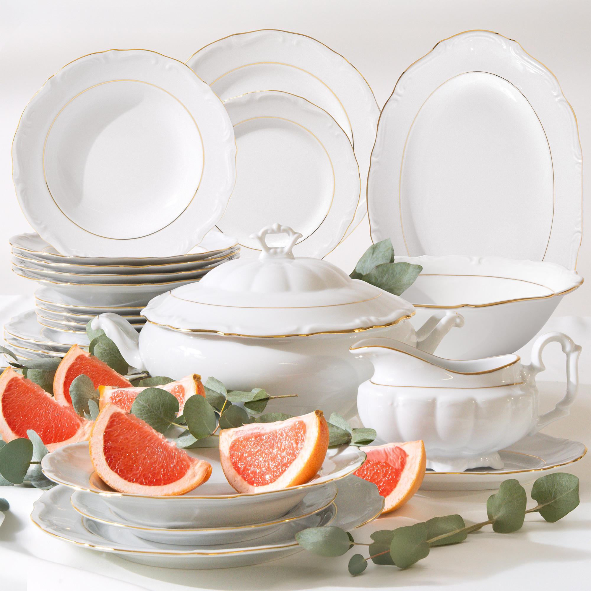 TAFELSERVICE 6 Personen Chodziez MARIA TERESA 23-tlg Porzellan mit Goldrand, Weiß / Gold - Goldfarben/Weiß, Keramik (25/2/25cm) - KONSIMO®
