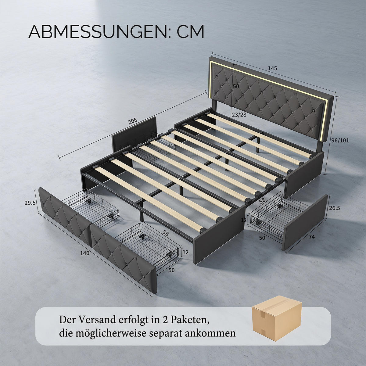 POLSTERBETT 140x200, höhenverstellbares Kopfteil, LED-Beleuchtung, 4 Stauraumschubladen, bett 140x200 mit Lattenrost, grau - Grau, Leder/Holz (140/200cm) - GENKI LIVING