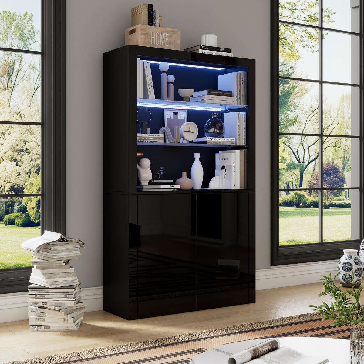 VITRINE mit LED 100 x 35 x 170 cm Hochglanz Schwarz - Schwarz, Glas (35/170/100cm) - Beauniv