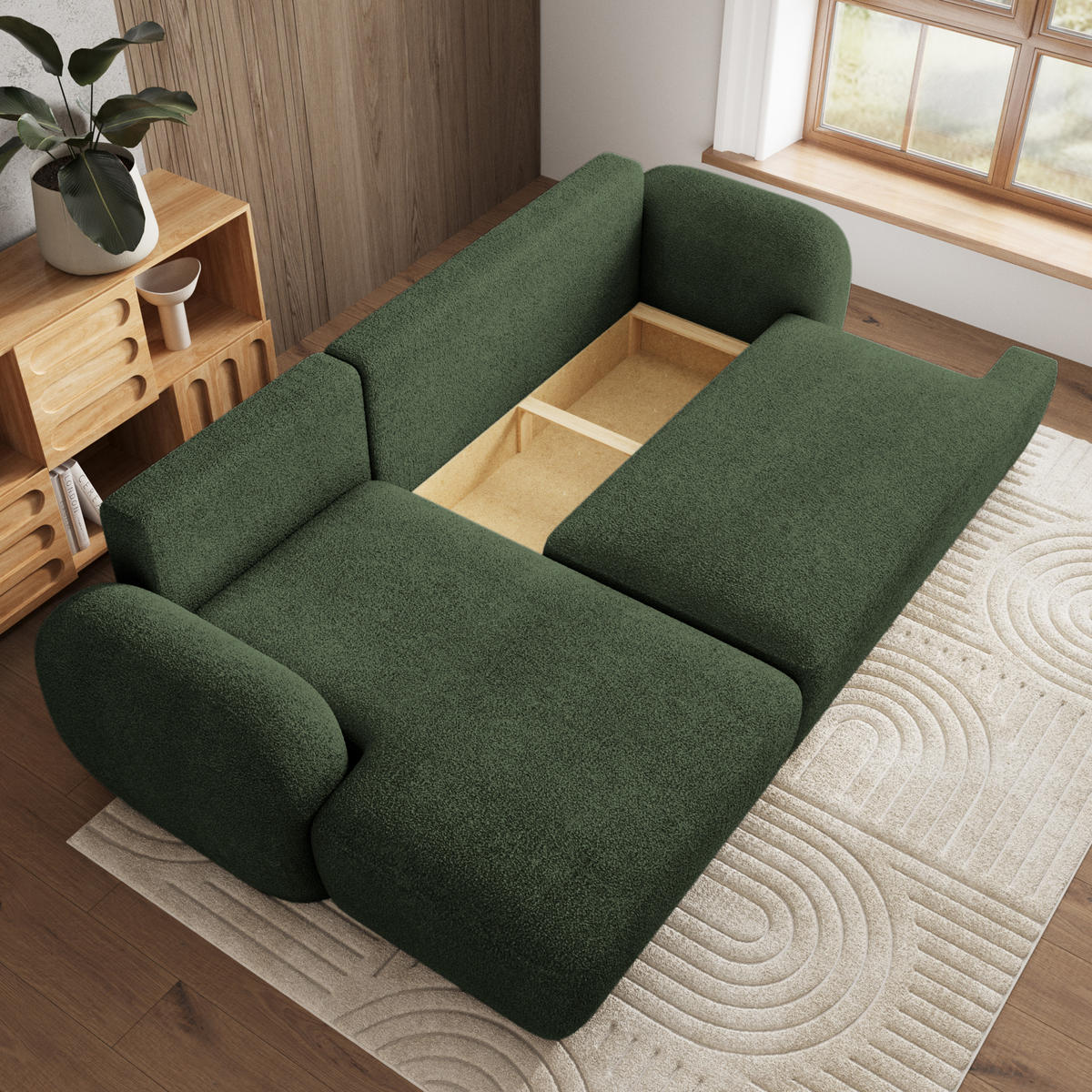ECKSOFA MODENZA N L-S Grün Boucle-Stoff mit Schlaffunktion - Grün, Holz (266/148cm) - MASSENO