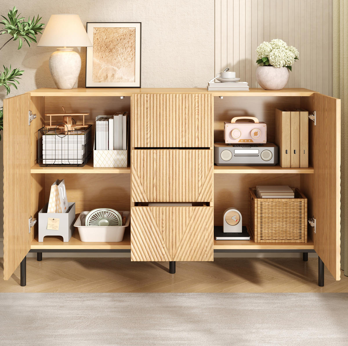 KOMODA od MDF-a 115,5x40x76 cm prirodna s dvokrilnim vratima, 3 ladice i geometrijskim frontama - prirodne boje, drvni materijal (115.5/76/40cm) - Modfu