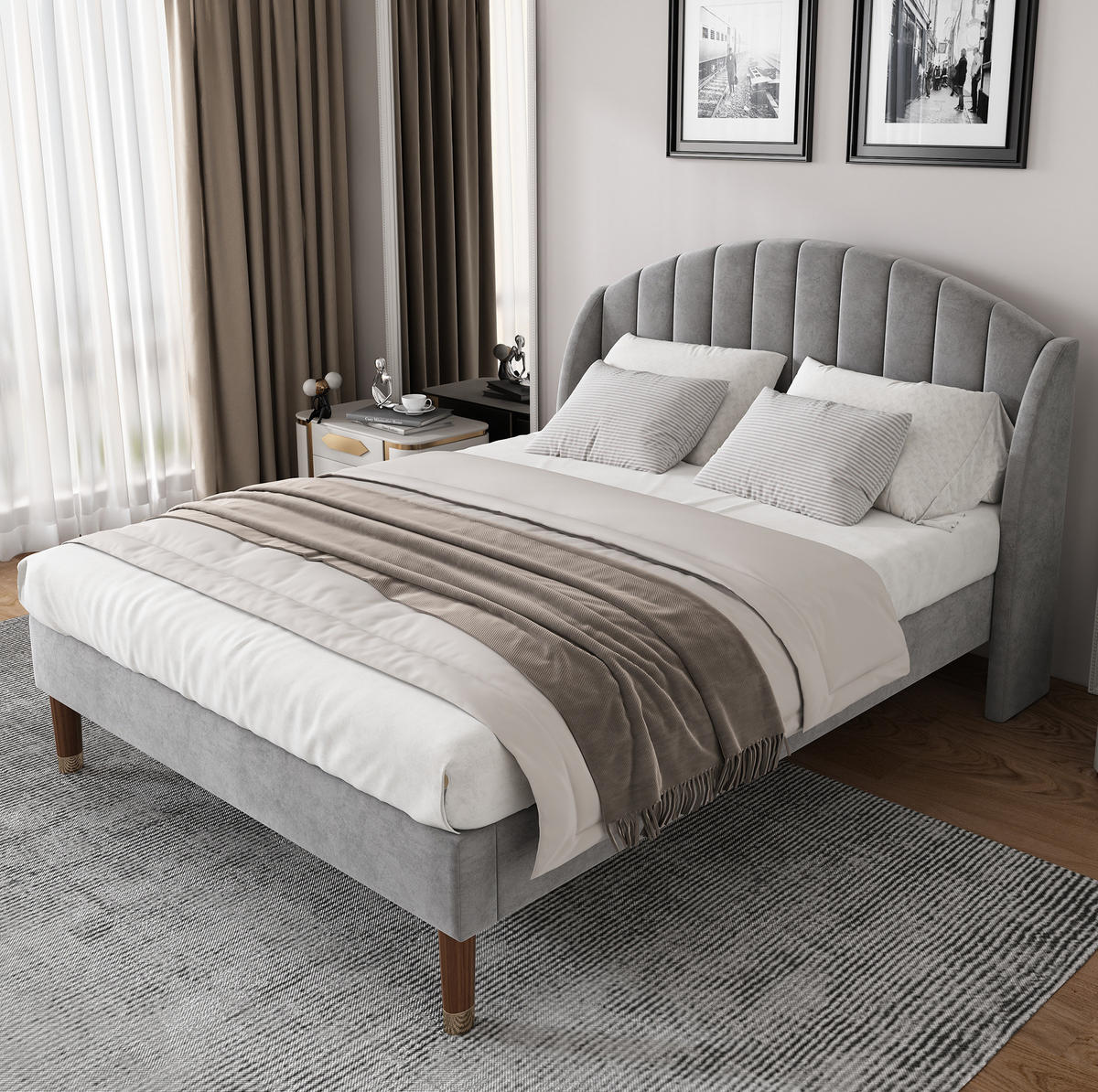 POLSTERBETT 140/200 cm mit Lattenrost, gepolstertem Kopfteil und Samtbezug, Grau - Grau, Textil (140/200cm) - Redom