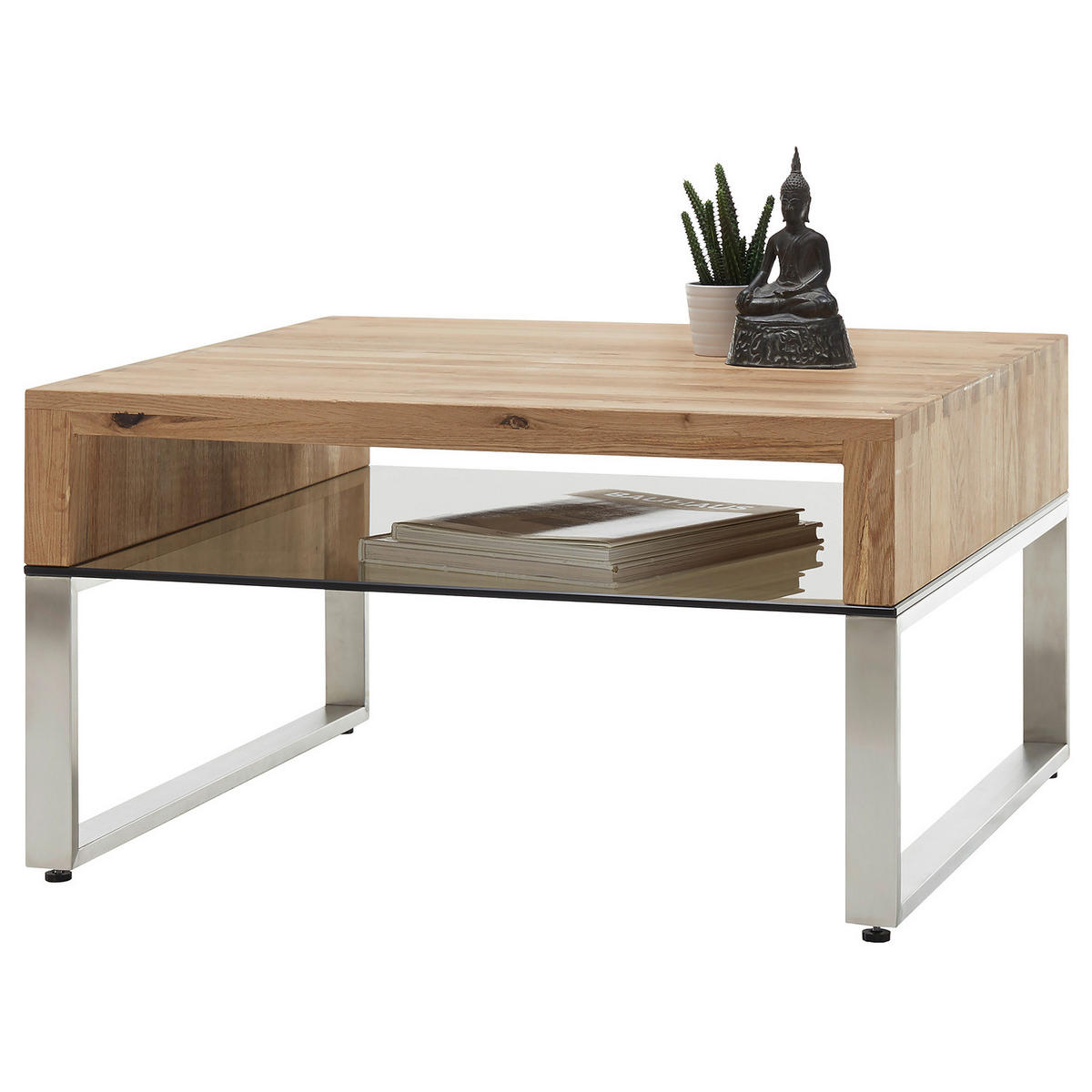 COUCHTISCH - Eiche massiv / Glas - Eiche / Silber - Braun, Holz/Metall (70/70/39cm) - home24