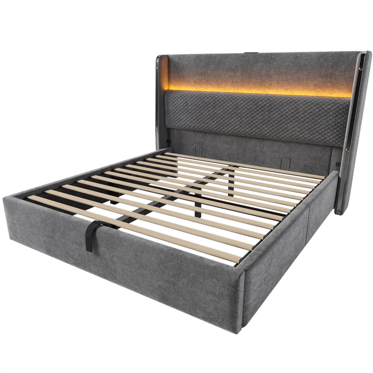 POLSTERBETT 140/200 cm mit hydraulischem Bettkasten, LED & USB/Type-C, hohes Kopfteil, Grau - Grau, Textil (140/200cm) - Redom
