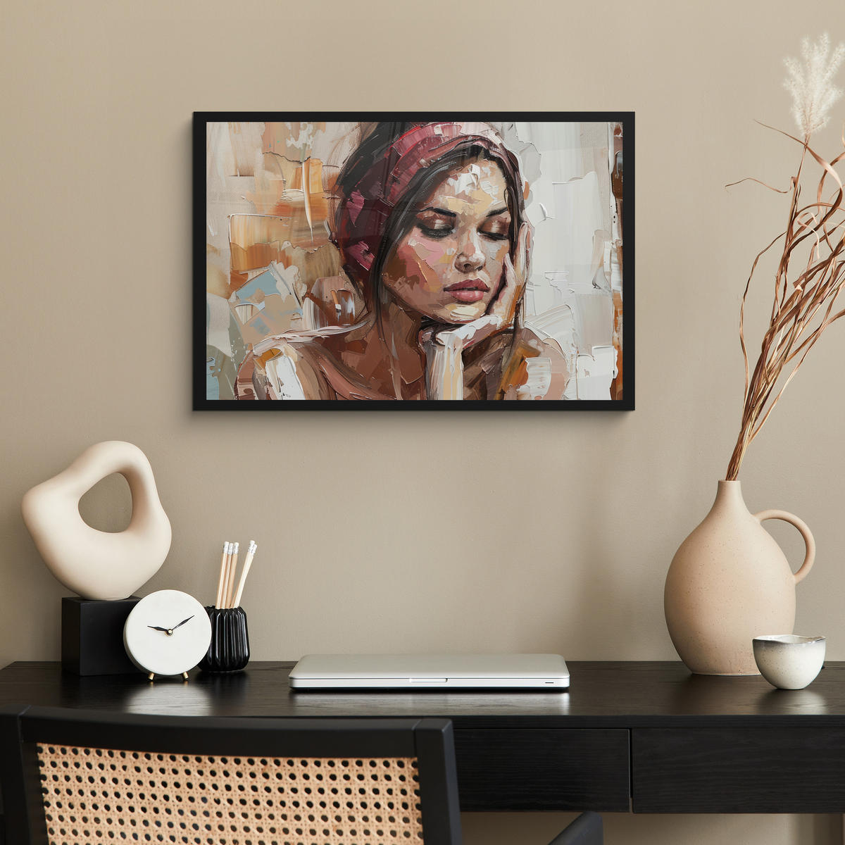 POSTER MIT RAHMEN Frau - Lackierung - Porträt - Modern 60x40 cm - Altrosa, Papier (60/40cm) - MuchoWow
