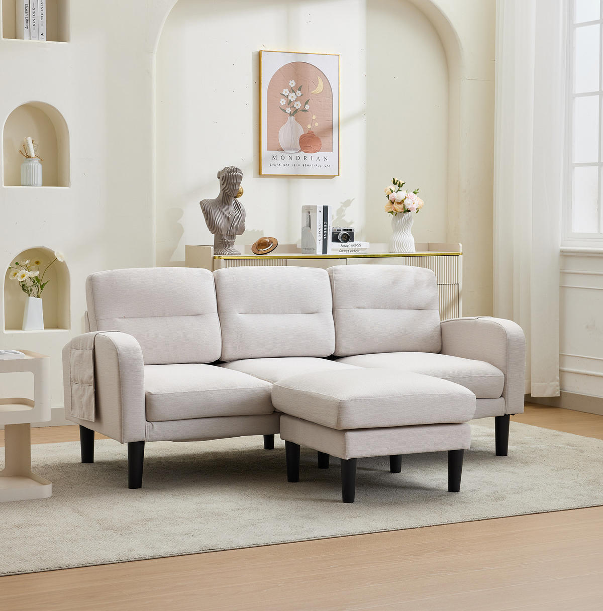 ECKSOFA 204/136/80 cm aus Stoff mit Chaiselongue und Seitentaschen Beige - Beige, Textil (136/204cm) - Modenvie