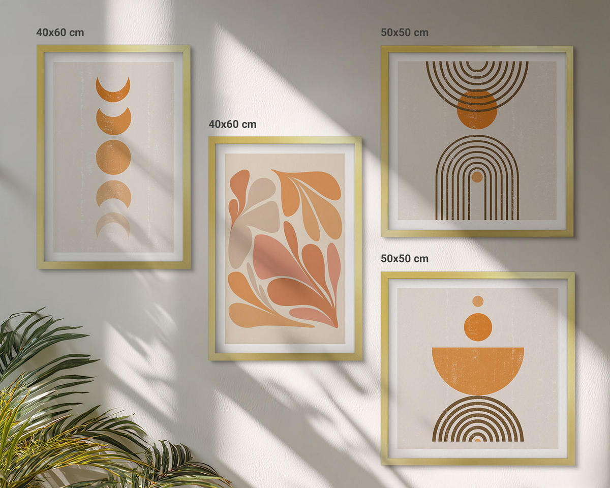 BILDER SET 4er Set - 50x50 cm & 40x60 cm Goldrahmen - Abstrakte orange Formen - Goldfarben, Kunststoff (50/50cm) - TULUP