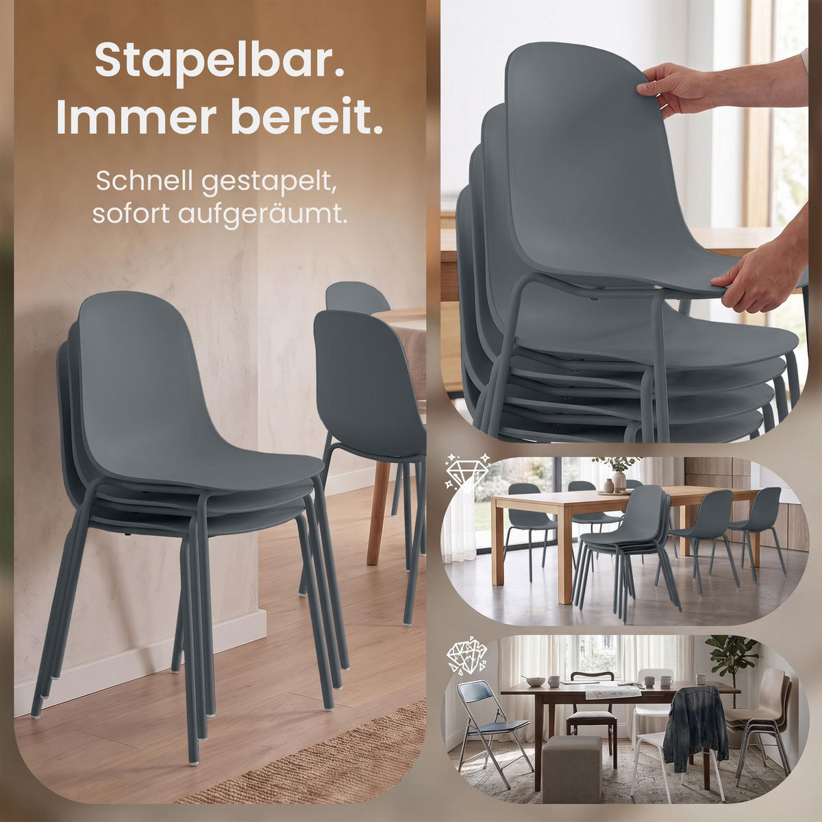 STAPELSTUHL 2 Kunststoff Dunkelgrau - Dunkelgrau, Kunststoff/Metall (51/85/55cm) - CLP