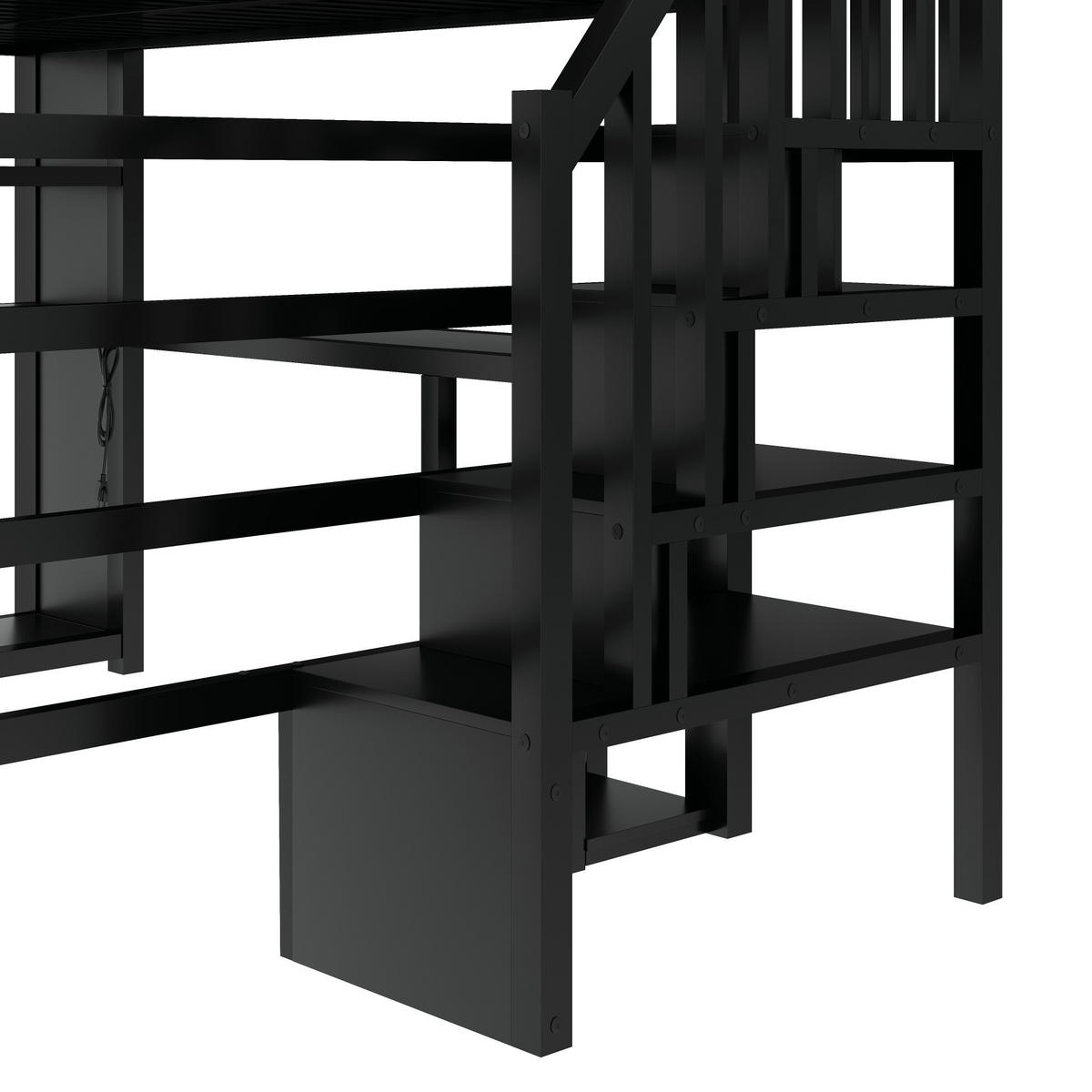 HOCHBETT 160/200 cm in Schwarz mit Schreibtisch, LED, Treppe und Kleiderschrank - Schwarz, Metall (160/200cm) - STILVORA