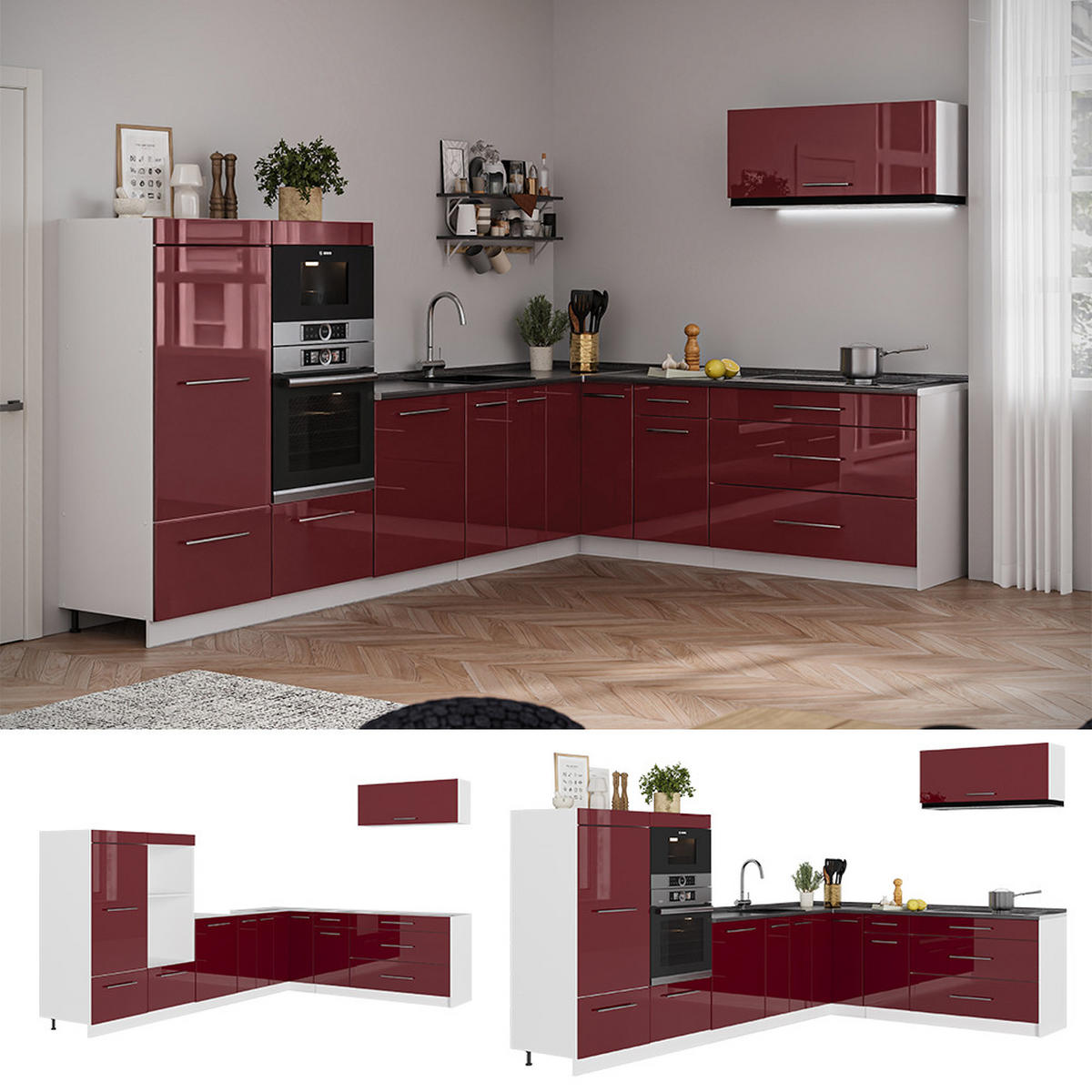 HÖRNKÖK Fame-Line, Bordeaux högblank/Vit, 327 x 227 cm, AP Oak - Vit/Bordeaux, Träbaserade material (327/153.6/60cm) - Vicco