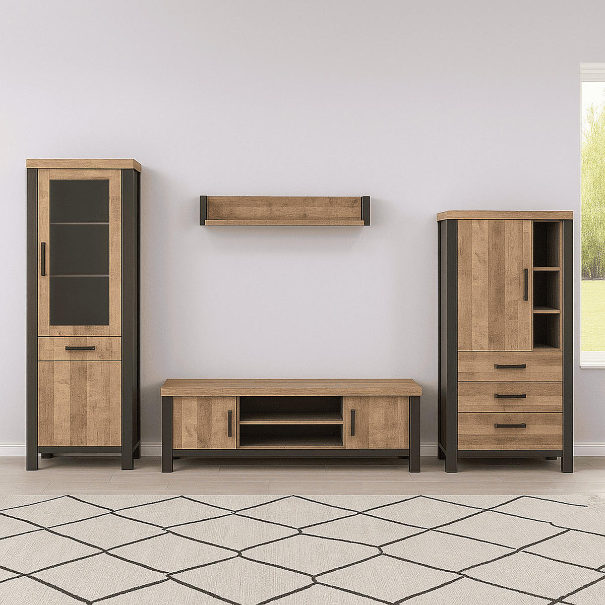 VITRINE mit 2 türen, davon 1 mit gehärtetem glas, und 1 schublade - emile 70/45/195 cm - Eichefarben, Holzwerkstoff (70/70/195cm) - ebuy24