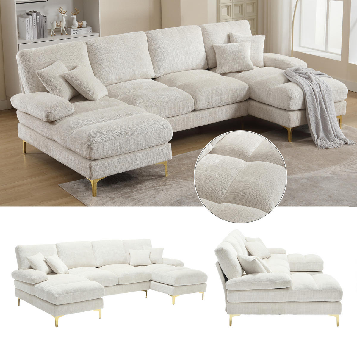 WOHNLANDSCHAFT U-Form Chenille mit 2 Liegeflächen 272/136/88 cm Beige - Beige, Textil/Metall (136/88/272cm) - Redom