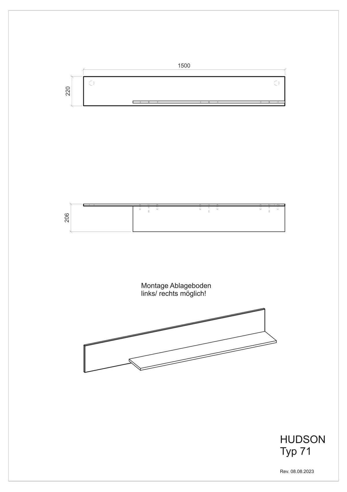 WANDBOARD M17 Weiß Matt 150/22/21 cm ohne Rillen - Weiß, Holzwerkstoff (150/22/21cm) - Livojo