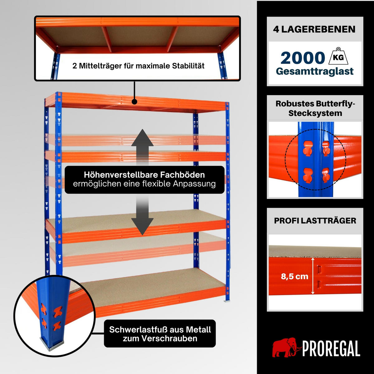 SCHWERLASTREGAL Rhino 180x160x60 cm 4 Spanplatten-Ebenen 8mm Fachlast 500 kg Blau/Orange - Blau/Orange, Metall (160/180/60cm) - PROREGAL