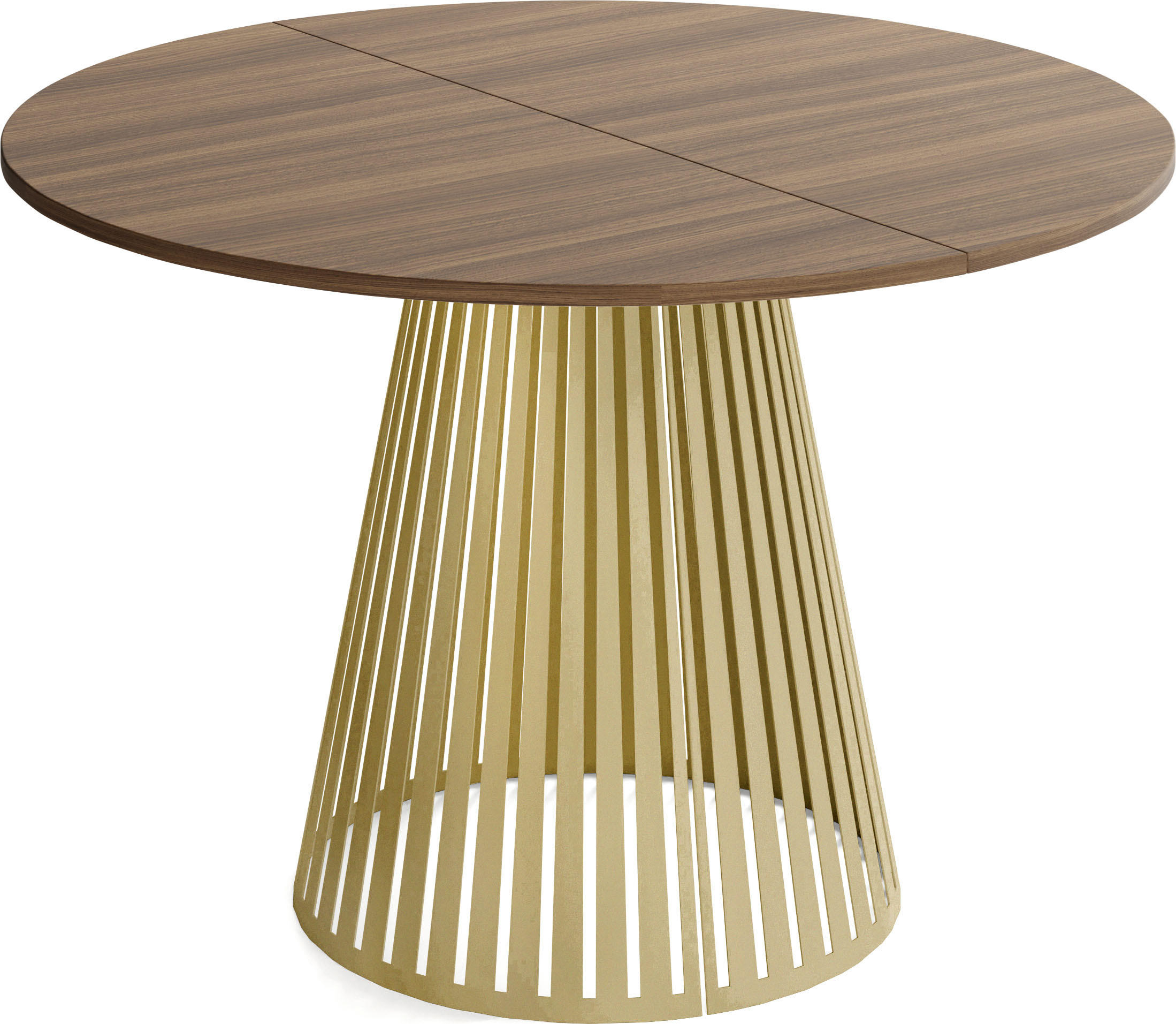 ESSTISCH Naro rund ausziehbar mit Goldenem Lamellen-Metallgestell, Walnuss Braun 100-180/100/76 cm - Goldfarben/Walnussfarben, Holzwerkstoff/Metall (100/100/76cm) - WFL GROUP