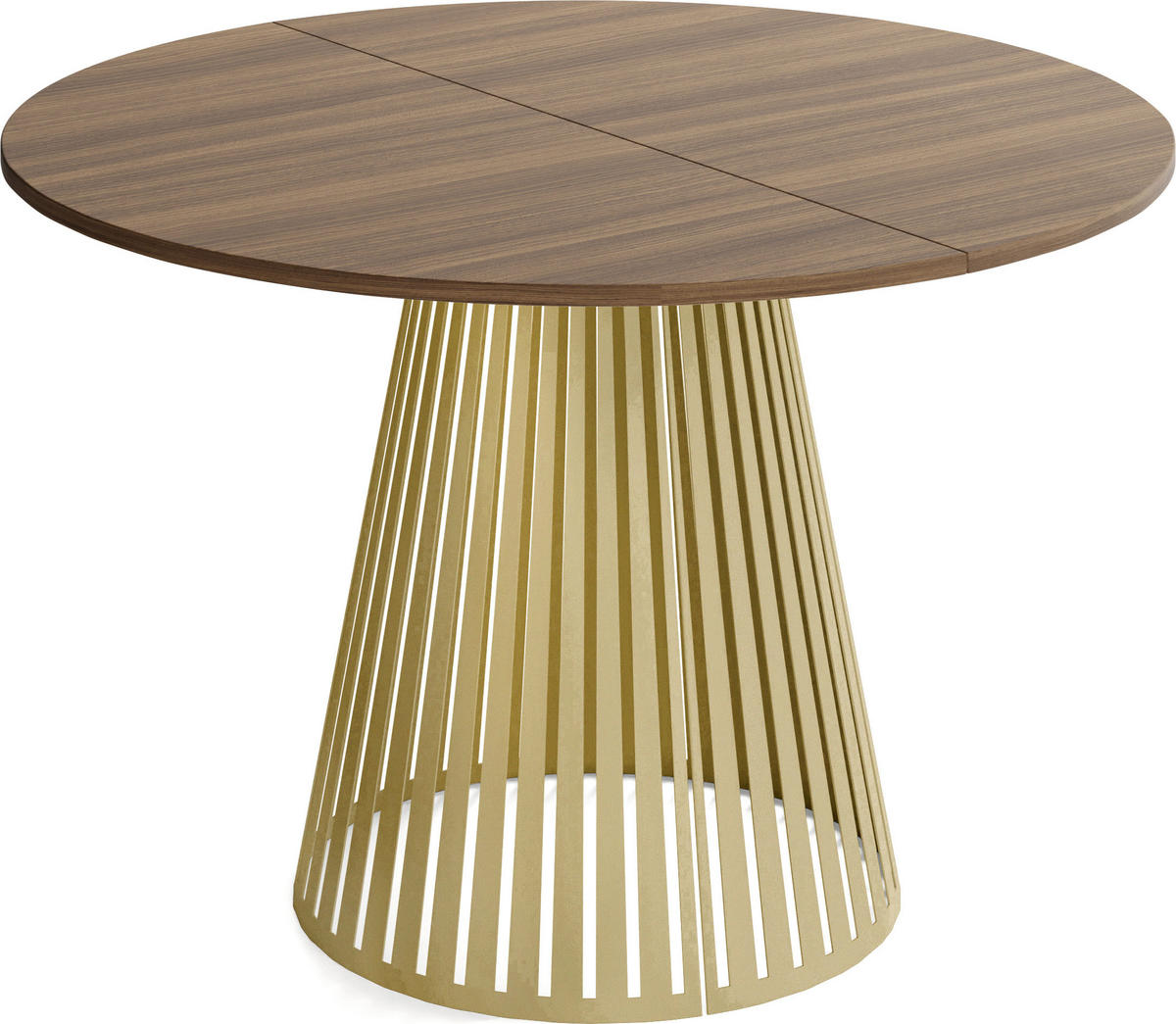 ESSTISCH Naro rund ausziehbar mit Goldenem Lamellen-Metallgestell, Walnuss Braun 100-180/100/76 cm - Goldfarben/Walnussfarben, Holzwerkstoff/Metall (100/100/76cm) - WFL GROUP