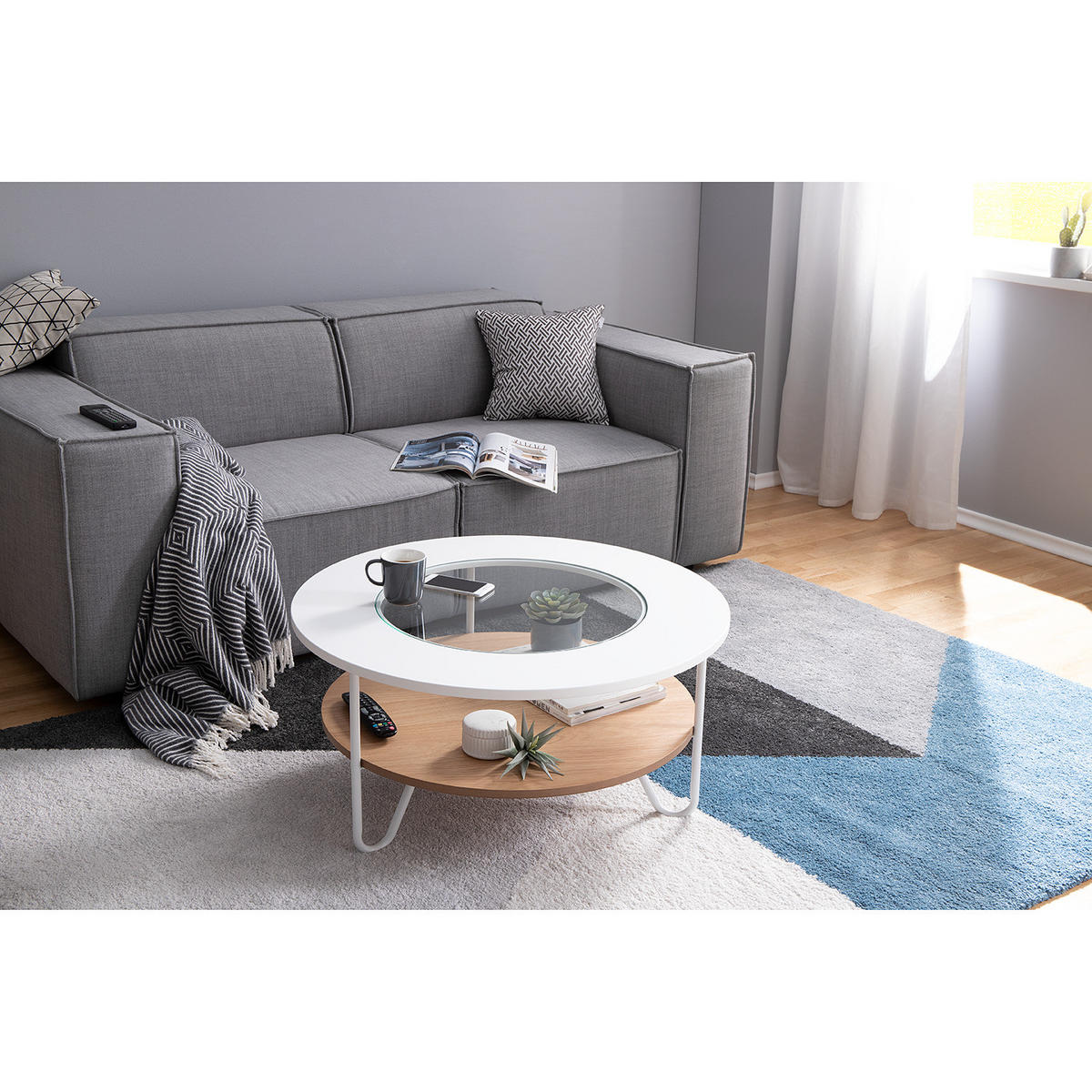 COUCHTISCH - Metall - Weiß / Eiche Dekor - Eichefarben/Weiß, Holzwerkstoff/Metall (80/80/40cm) - home24
