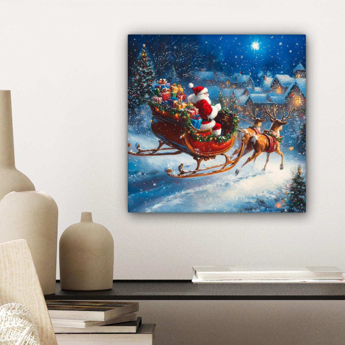 LEINWANDBILD Weihnachtsmann - Rentier - Weihnachten - Schnee Deko Wohnzimmer 20x20 cm - Cognac, Textil (20/20cm) - MuchoWow