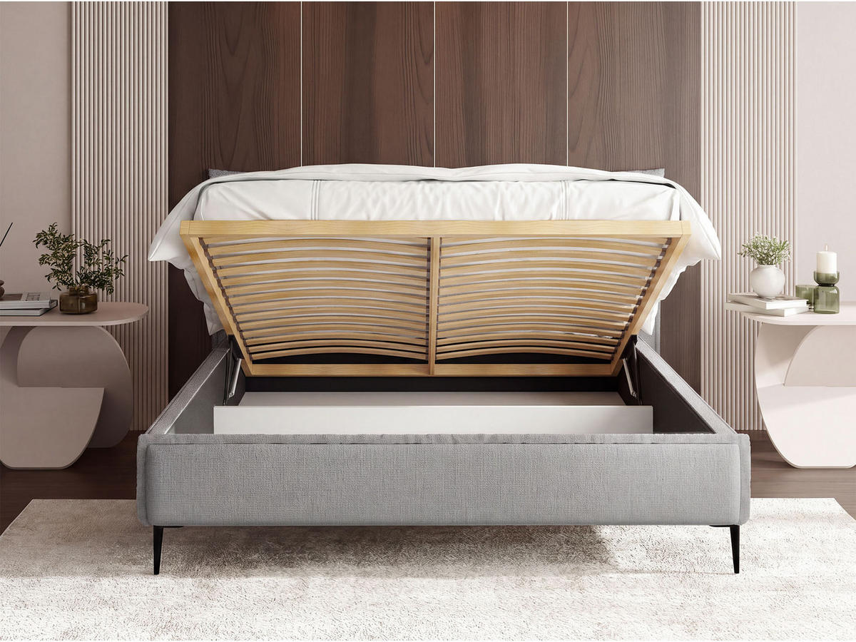 POLSTERBETT Pillow Rise mit Bettkasten, Lattenrost & hohen Metallfüßen in Grau Chenille 120x200 cm - Birkefarben/Schwarz, Holz/Holzwerkstoff (120/200cm) - WFL GROUP