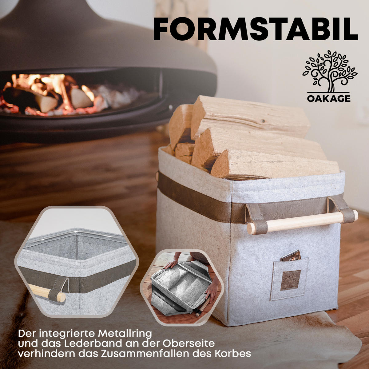 KAMINHOLZKORB Classic Filz mit Metallrahmen für Zusatzstabilität 42/32/35 cm - Grau, Textil (32/35/42cm) - OAKAGE