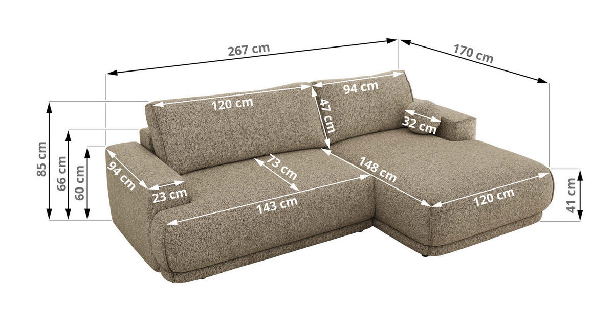 ECKSCHLAFSOFA RINA L Dunkelbeige Strukture - links - Beige/Schwarz, Kunststoff/Textil (267/170cm) - MKS