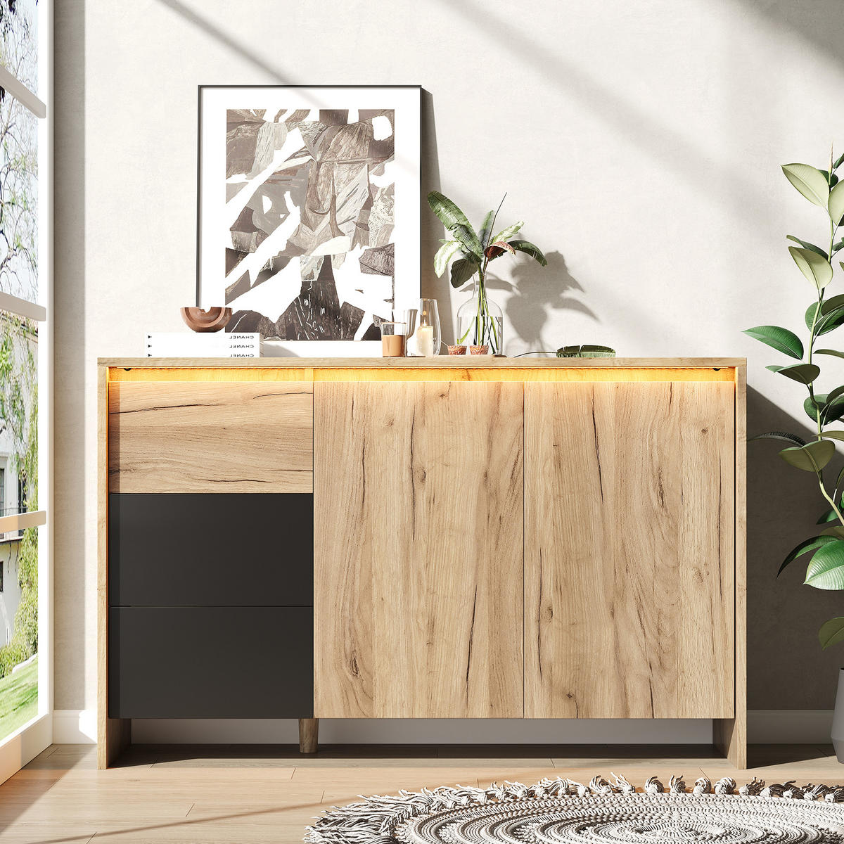 SIDEBOARD in Naturfarben und Schwarz Küchenschrank mit 2 Türen und 3 Schubladen für Esszimmer, B120/T40/H76cm - Schwarz/Naturfarben, Holzwerkstoff/Metall (120/40/76cm) - STILVORA