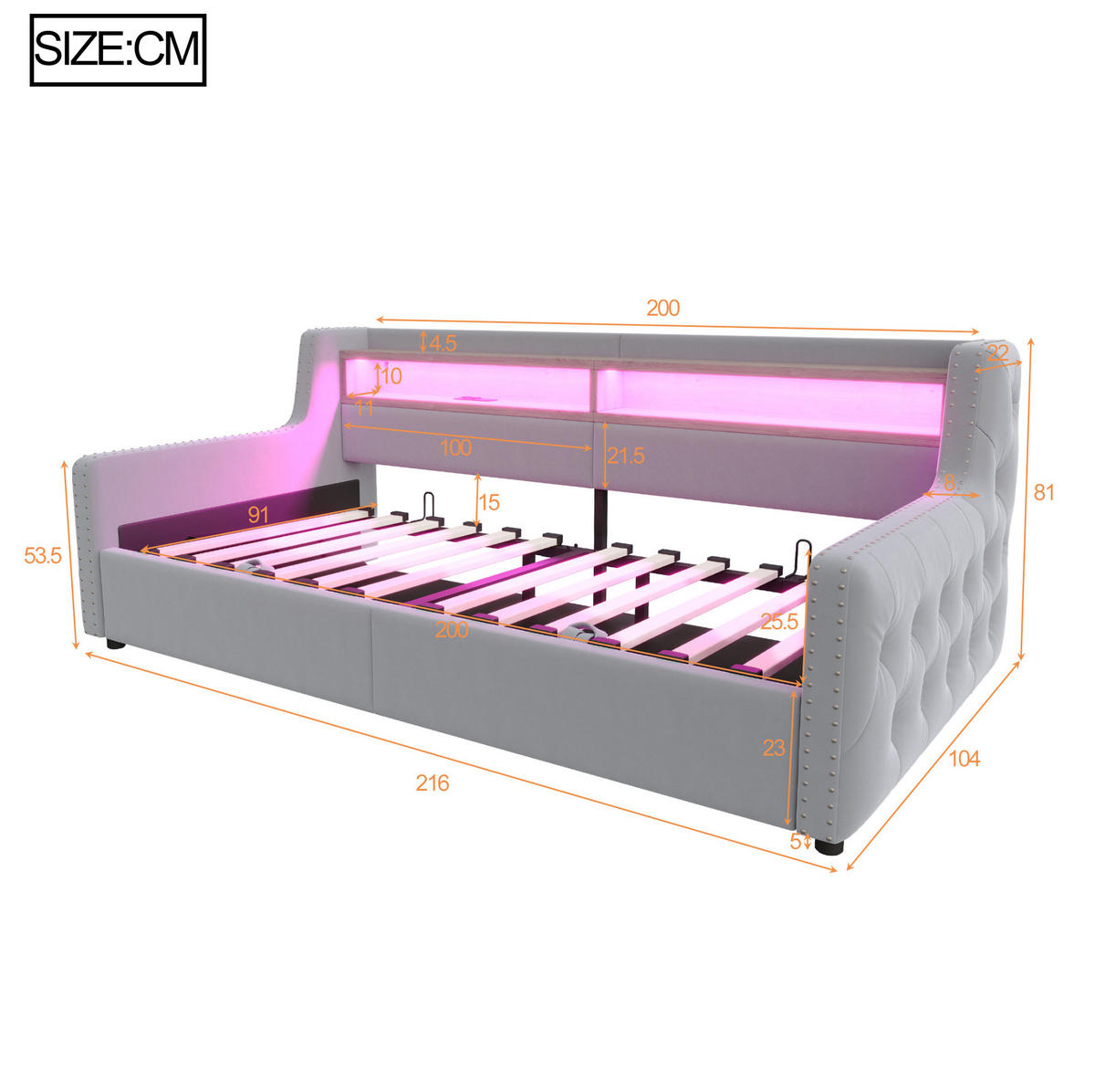 POLSTERBETT 90/200 cm aus Samt mit LED-Beleuchtung, Stauraum, USB- und Typ-C-Anschluss, Hellgrau - Hellgrau, Textil (90/200cm) - Redom