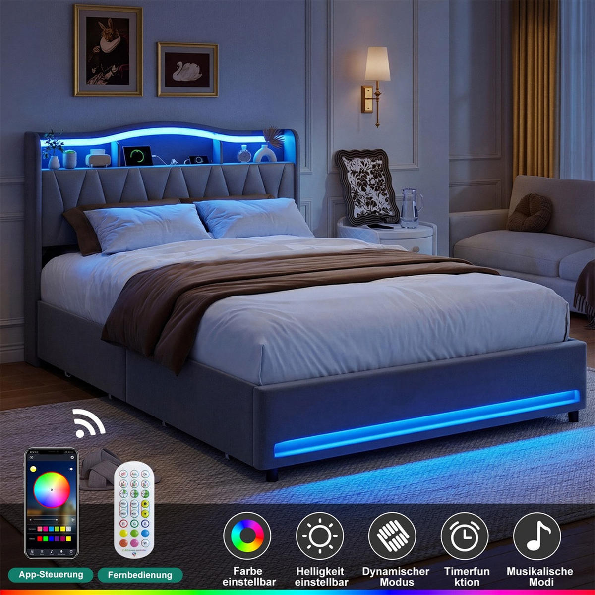 POLSTERBETT 140x200cm - Doppelbett mit 4 Schubladen - RGB-LED-Beleuchtung - Stauraum-Kopfteil - ohne Matratze - Grau - Grau, Textil (140/200cm) - DELFA