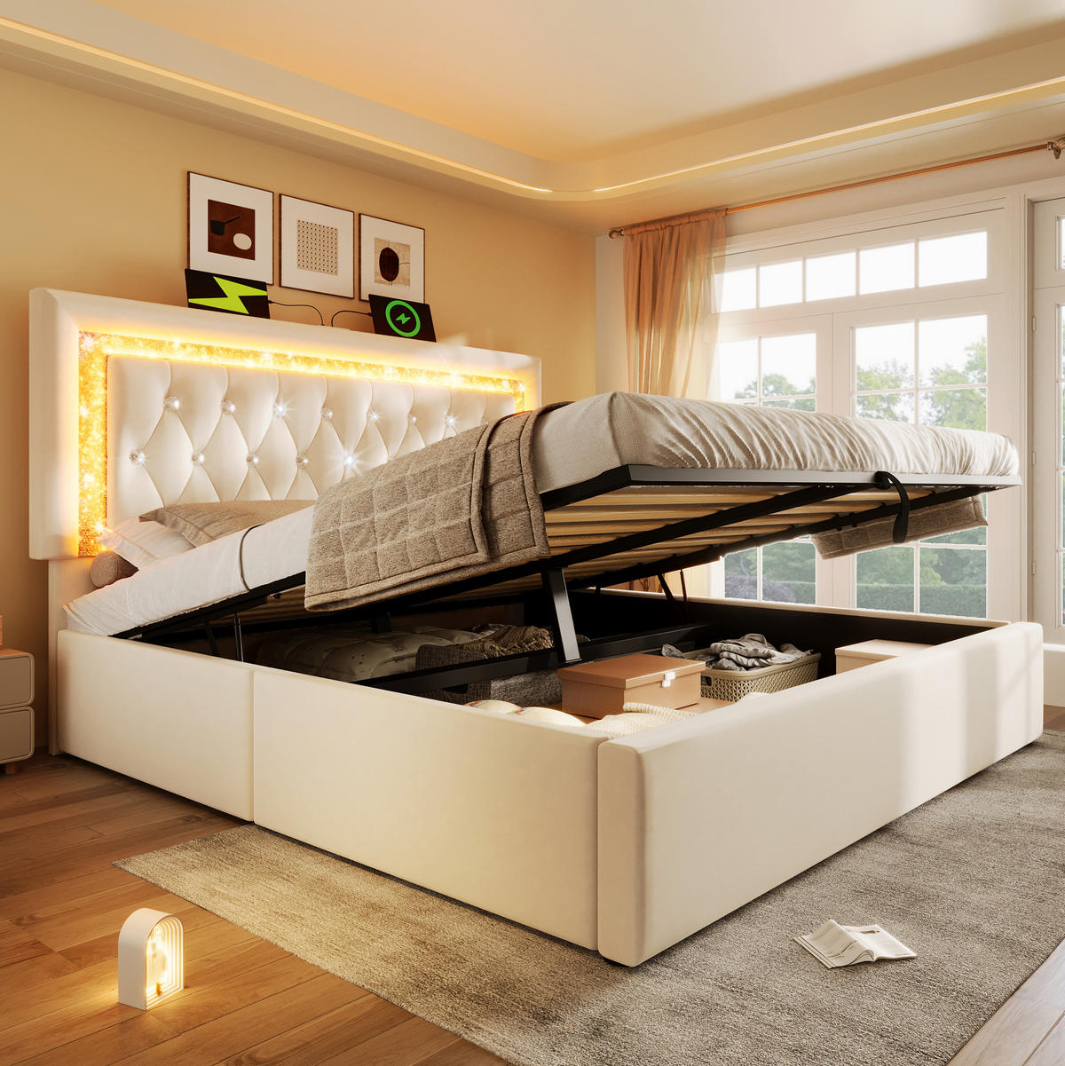 BETT mit LED, Stauraum & USB 160x200 cm Samt Beige inkl. Matratze - Beige, Metall (160/200cm) - Meubliv