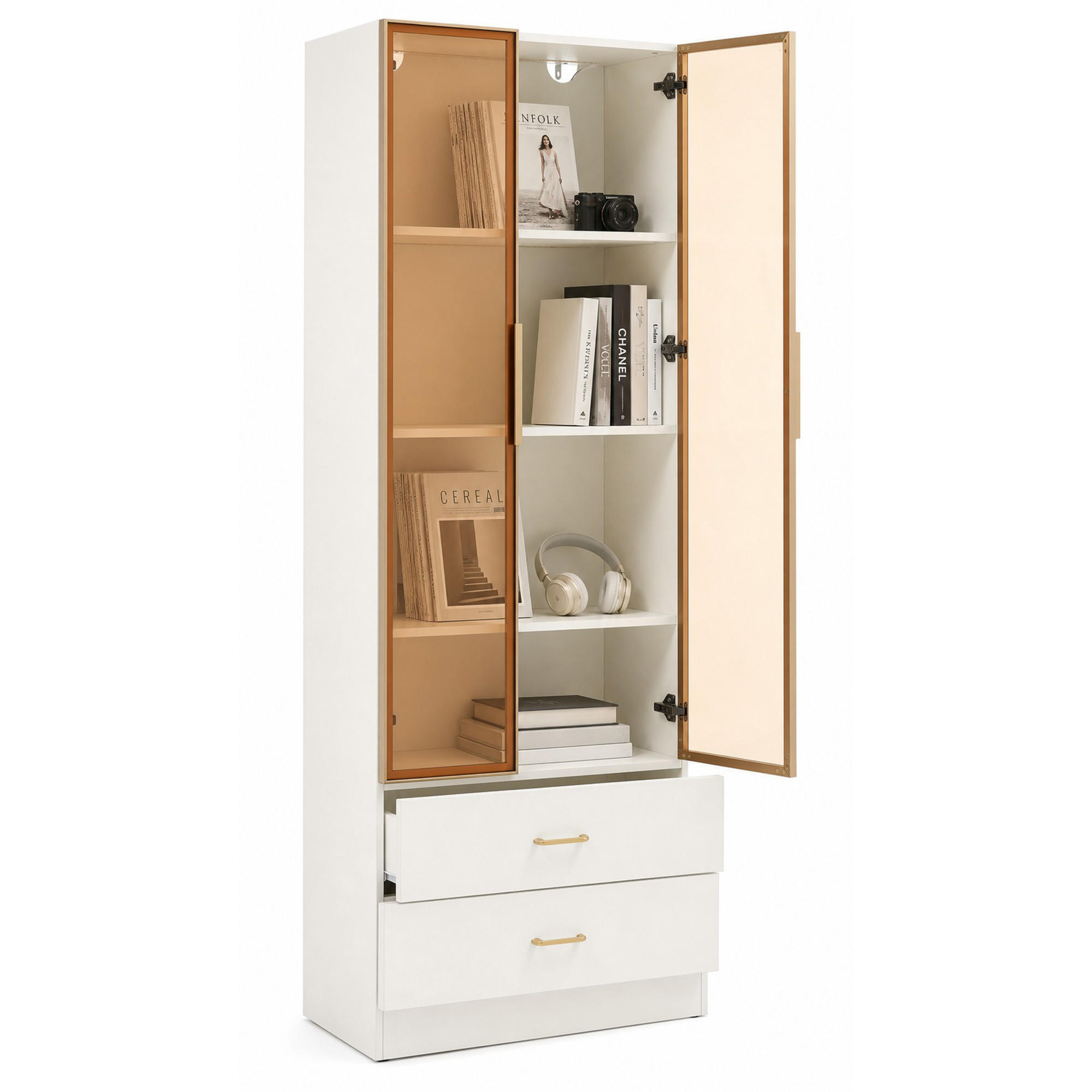 BADSCHRANK in Weiß Highboard mit LED-Lichtleiste Glastür 2 große Schubladen 2 Türen , B75/T34.5/H170cm - Weiß, Glas/Holzwerkstoff (75/170/34.5cm) - STILVORA