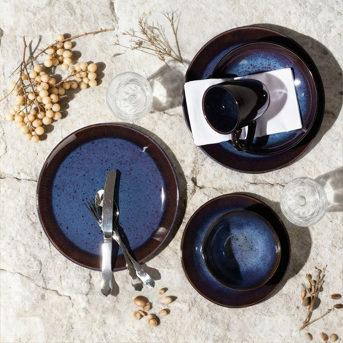 KOMBISERVICE Mare, ineinander stapelbar, blau/braun - Blau, Keramik (26.5/2.5/26.5cm) - tectake