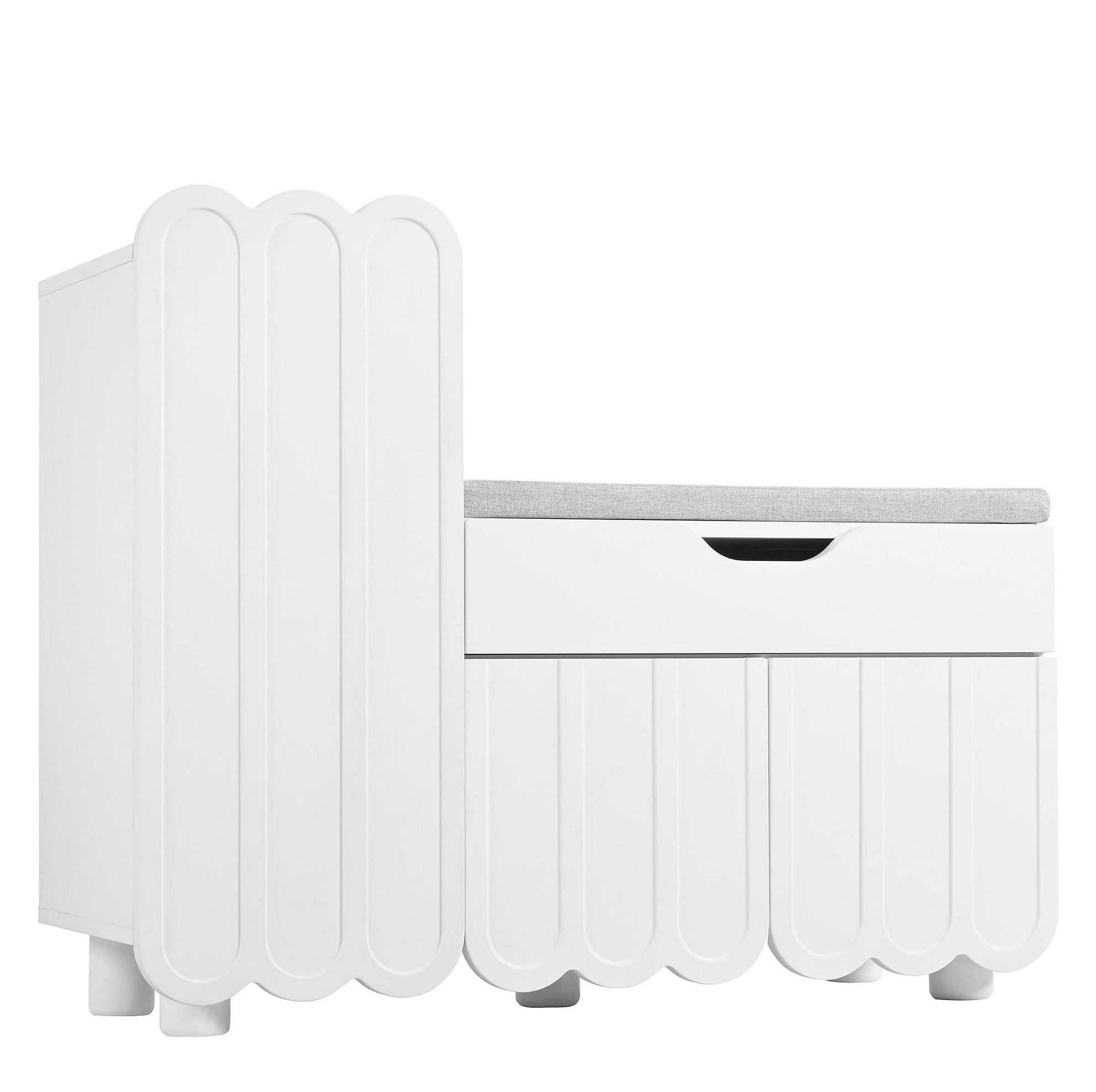 Modfu BOTNÍK z MDF 90x35x74,5 cm bílý s polstrovaným sedákem, zásuvkou a 3 dvířky