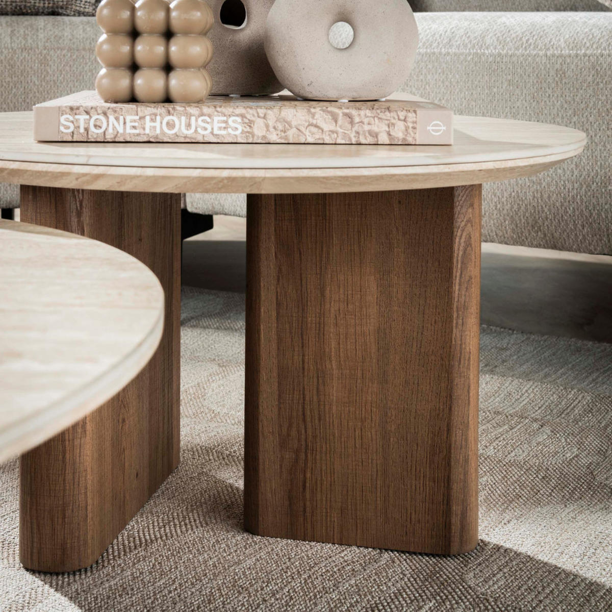 COUCHTISCH-SET ROMANO SCULTURA 2-teilige runde Satztische mit skulpturalen Panel-Beinen - Beige/Braun, Keramik (76/76/30cm) - alesvelt