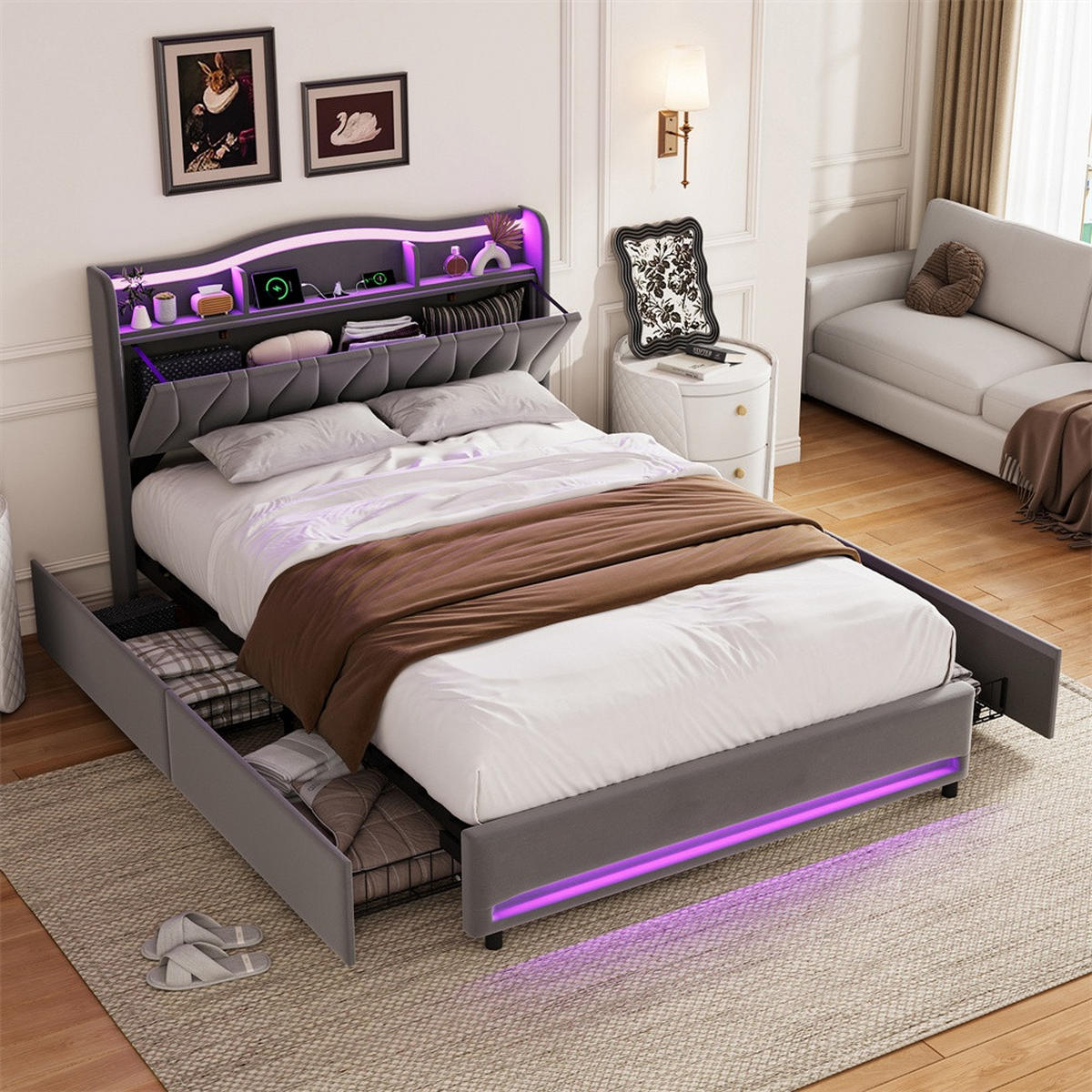 POLSTERBETT 160x200cm - Doppelbett mit 4 Schubladen - RGB-LED-Beleuchtung - Stauraum-Kopfteil - ohne Matratze - Grau - Grau, Textil (160/200cm) - DELFA