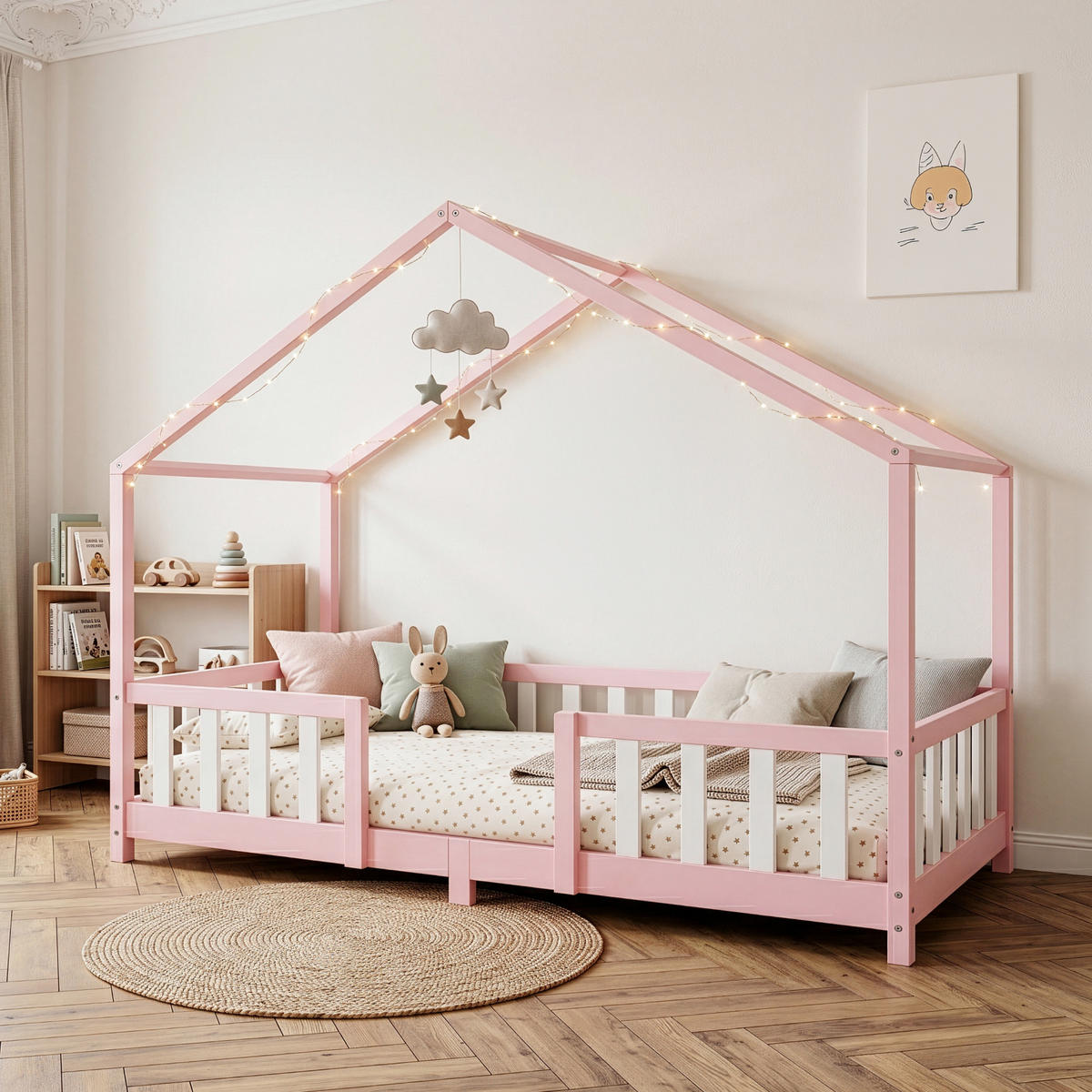 DETSKÁ POSTEĽ Treviolo - biela/svetloružová, drevo (90/200cm) - [en.casa]