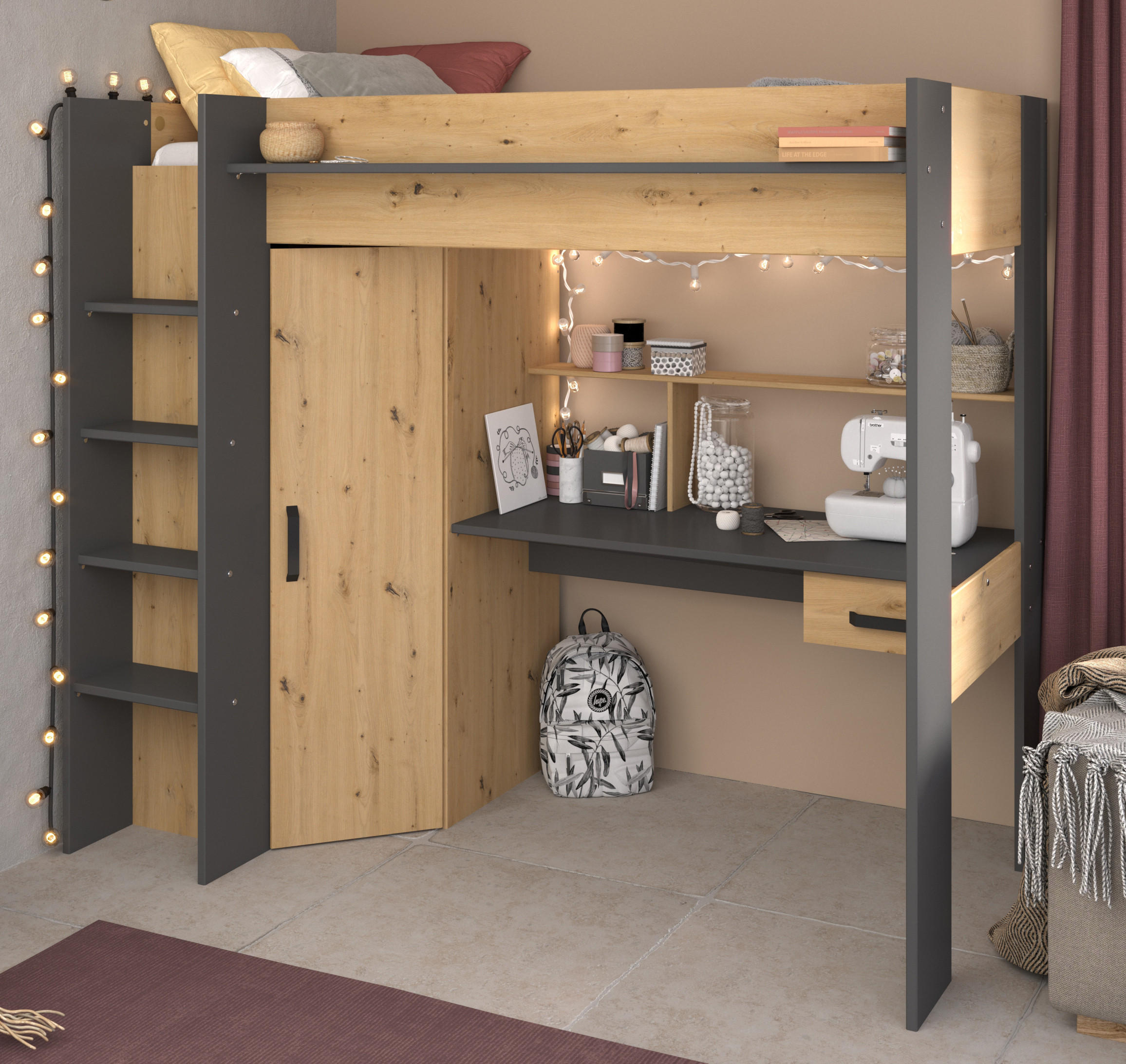 HOCHBETT Heavy 1 von Parisot Jugendbett 90 x 200 cm in Artisan Eiche und Schwarz komplett Set - Braun, Holz/Holzwerkstoff (90/200cm) - Vente-Unique