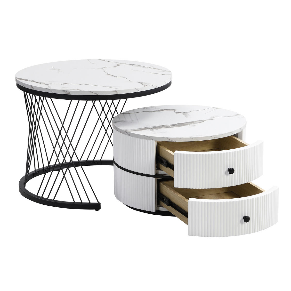 COUCHTISCH-SET, MDF, hochglänzende Marmoroptik, 2 Schubladen, 60/60/46 + 50/50/31 cm, weiß - Weiß, Holzwerkstoff (60/60/46cm) - Redom