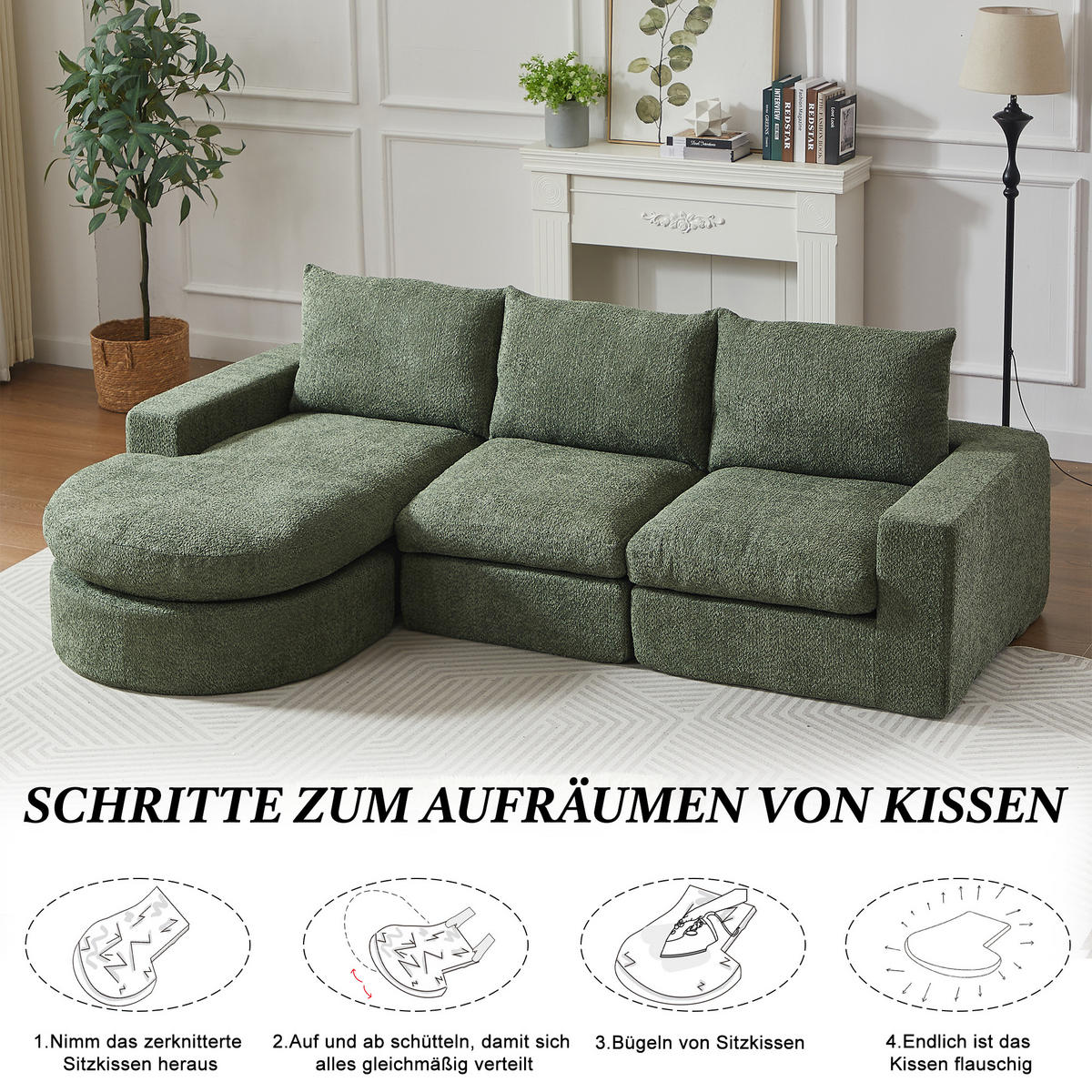 ECKSOFA 3-Sitzer Chenille Grün mit Kissen - Grün, Textil/Metall (250/160cm) - WISHDOR