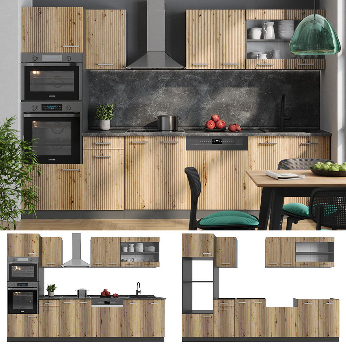KÜCHENZEILE R-Line Artisan Eiche/Anthrazit 300 cm mit Hochschrank AP Marmor - Anthrazit/Eiche Artisan, Holzwerkstoff (300/81.6/60cm) - Vicco