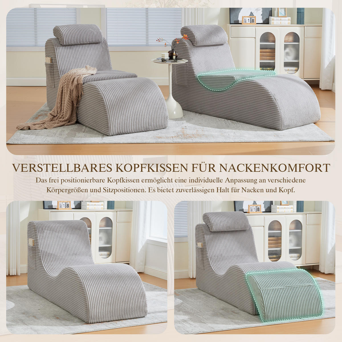 SESSEL ergonomisch 160 x 66 x 90 cm Corduroy Light Gray - Hellgrau, Kunststoff (66/90/160cm) - Beauniv