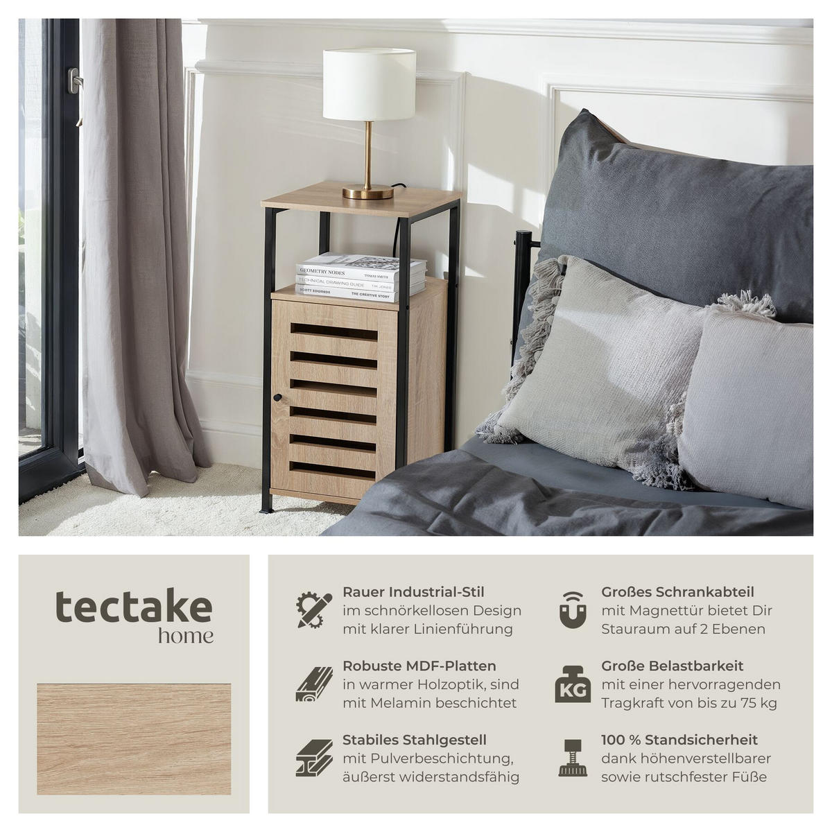 BEISTELLSCHRANK Durham,38,5 x 31,5 x 81 cm,Industrial Holz hell, Eiche Sonoma - Naturfarben, Holz (38.5/81/31.5cm) - tectake