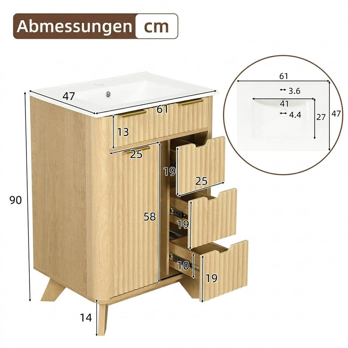 WASCHTISCHKOMBI 47/61/90 cm Naturholz mit 3 Schubladen und Schiebetür, ohne Wasserhahn - Naturfarben, Holz/Holzwerkstoff (47/90/61cm) - Oxeza