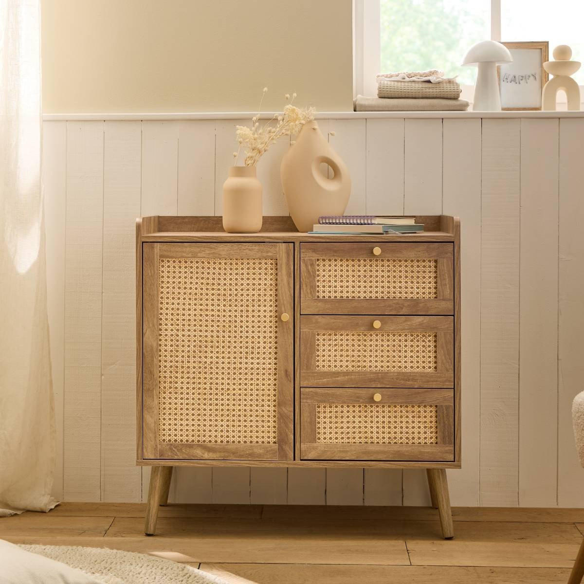 KOMMODE mit 1 Tür und 3 SchubladenRattanfronten und Holzfüßen 39/79,5/80 cm - Apfelbaumfarben, Holzwerkstoff (39/79.5/80cm) - Calicosy