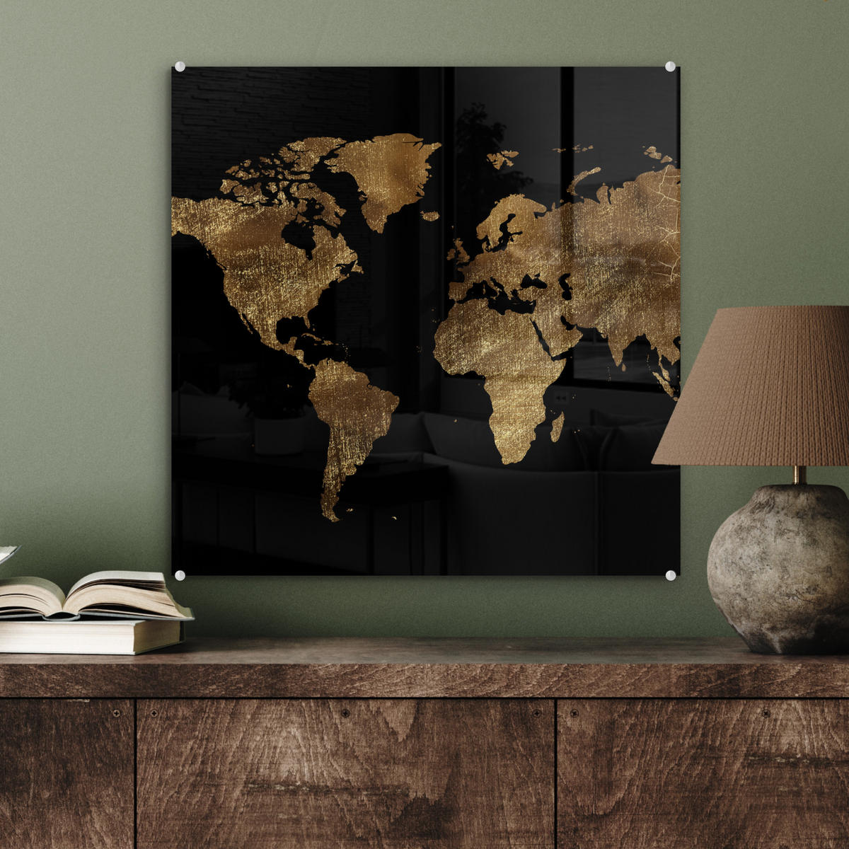 ACRYLGLASBILD Weltkarte - Gold - Luxus - Erde - Schwarz 50x50 cm - Goldfarben, Glas (50/50cm) - MuchoWow