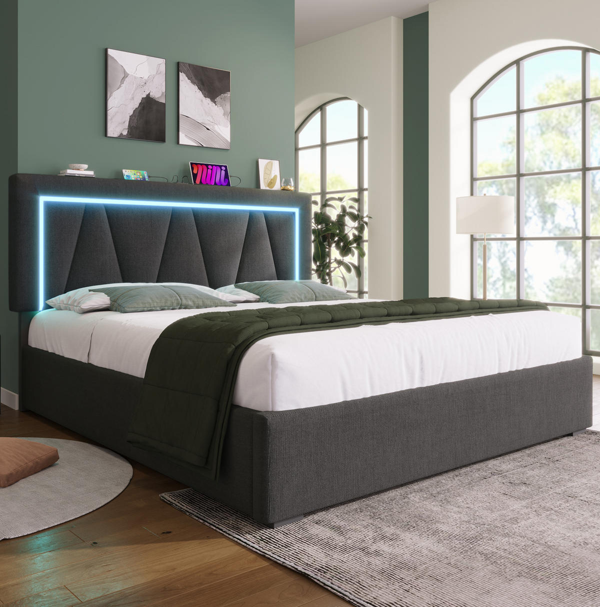 POLSTERBETT mit Stauraum USB & LED 160x200 cm Leinen Grau inkl. Matratze - Dunkelgrau, Metall (160/200cm) - Meubliv