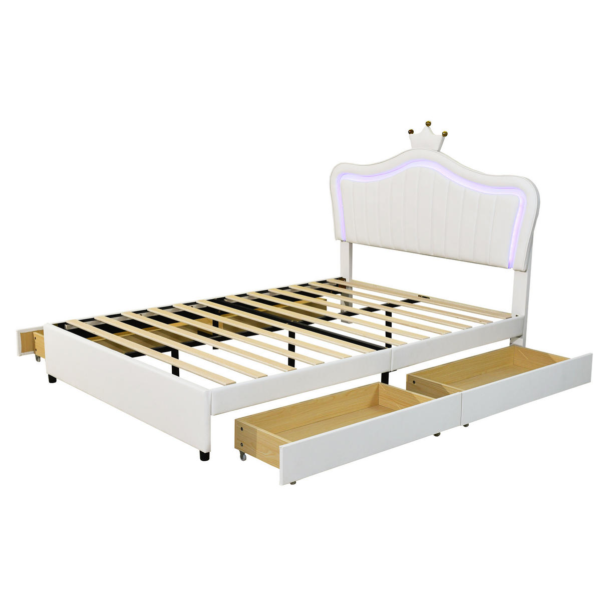 KINDERBETT 140/200 cm aus Kunstleder mit LED-Beleuchtung, 4 Schubladen und verstellbarem Kopfteil, Weiß - Weiß, Textil (140/200cm) - Redom