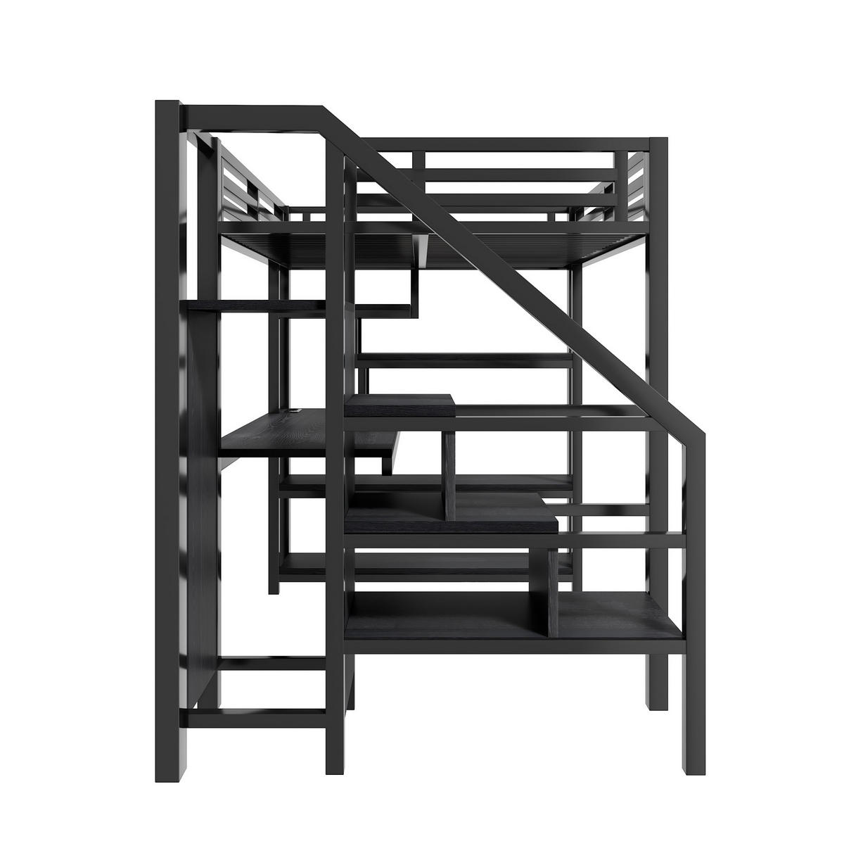 VYSOKÁ postel 200/140/174,5 cm černá s psacím stolem schody a šatní skříní z kovu a MDF - černá, kompozitní dřevo (140/200cm) - OKWISH