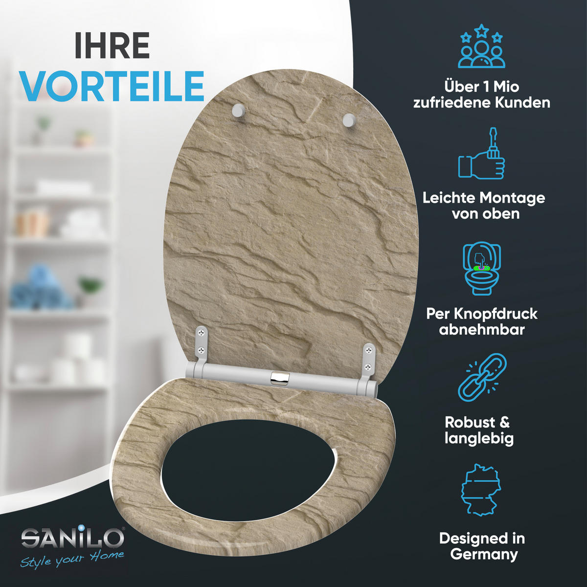 WC-SITZ mit Absenkautomatik & Top Fix Sand Stone - Braun, Holzwerkstoff (37.7/5.5/48cm) - Sanilo