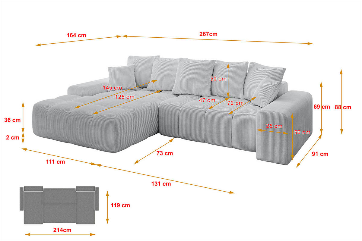 ECKSOFA Ottomane Links ENSI-L - 267x164x88 cm Grau - Grau, Holzwerkstoff/Kunststoff (267/164cm) - ALTDECOR