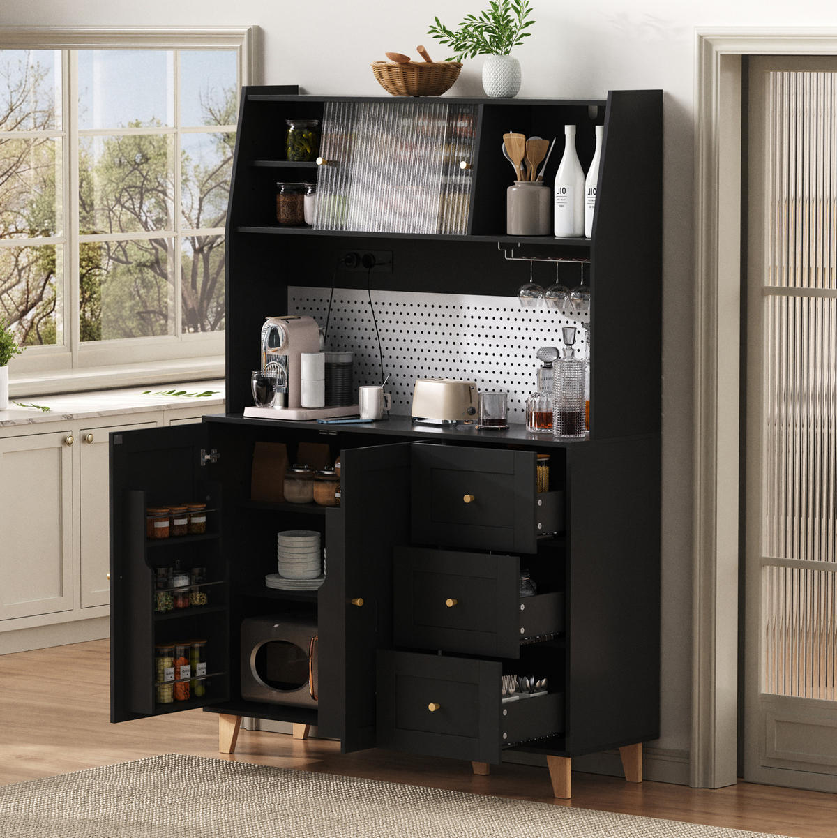 KÜCHENOBERSCHRANK 120/40/184 cm mit Steckdosen, USB, Typ-C, Lochplatte und Glashalter, Schwarz - Schwarz, Holzwerkstoff (120/184/40cm) - Redom